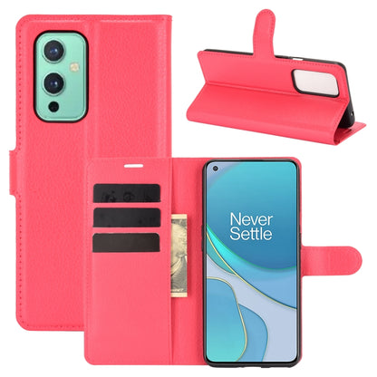 Rose-red litchi-texture flip wallet case with card slots and phone holder
