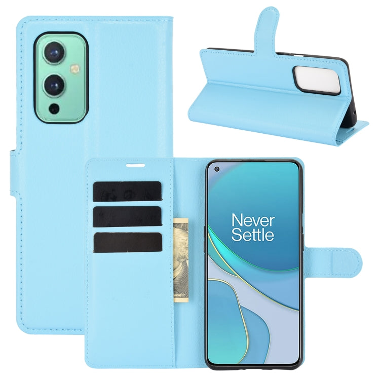 Blue litchi-texture flip wallet case with card slots and phone holder