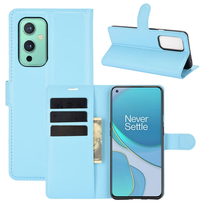 Blue litchi-texture flip wallet case with card slots and phone holder