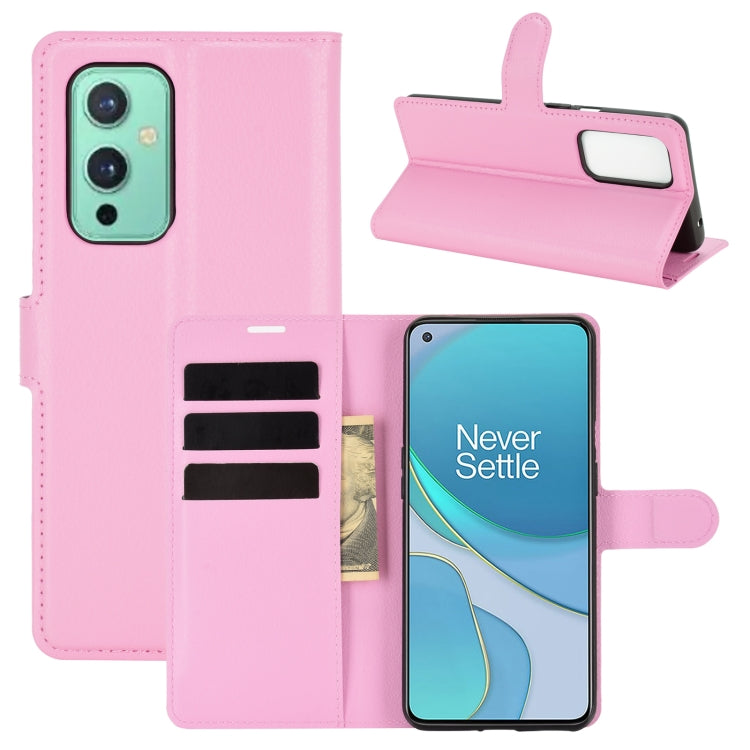 Pink horizontal flip phone case with card slots and stand for OnePlus 9