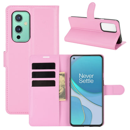 Pink horizontal flip phone case with card slots and stand for OnePlus 9