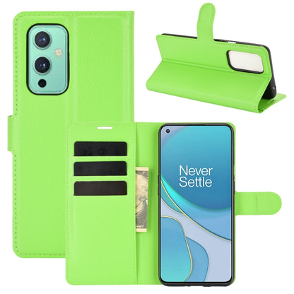 Green horizontal flip phone case with card slots and stand for OnePlus 9