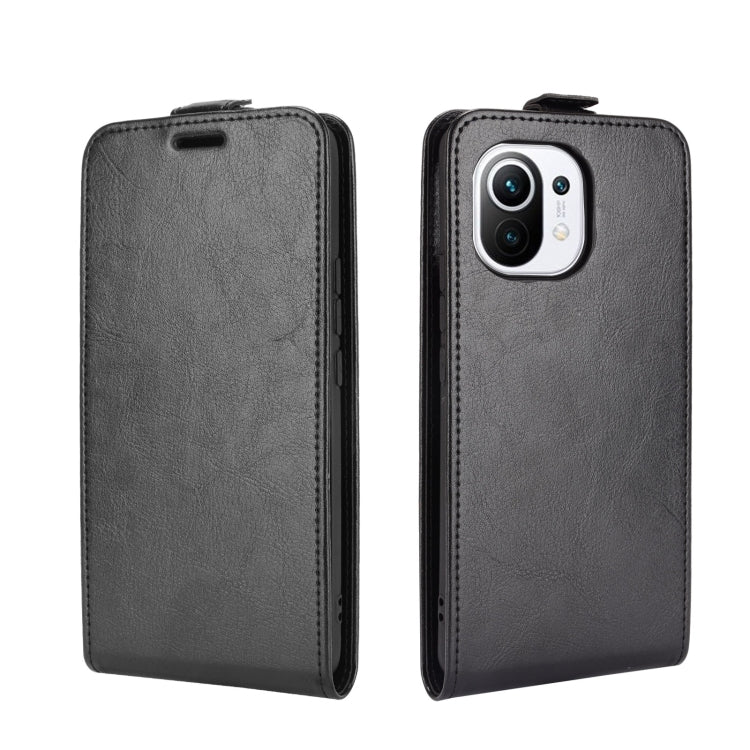 Xiaomi Mi 11 leather flip phone case, black front and back view with camera cutout