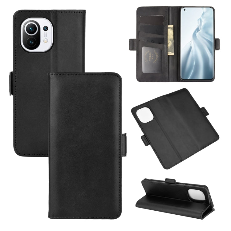Black leather flip phone case with magnetic buckle, card slots, and stand