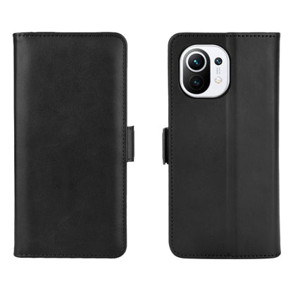 Black leather flip phone case with camera cutout and stitched edges