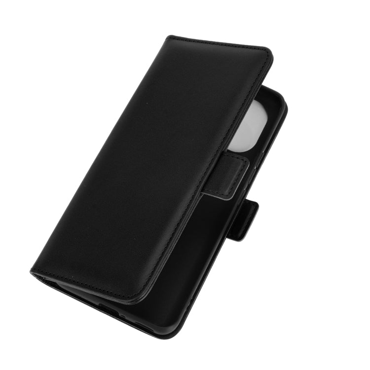 Black leather folio flip phone case with built-in stand and camera cutout