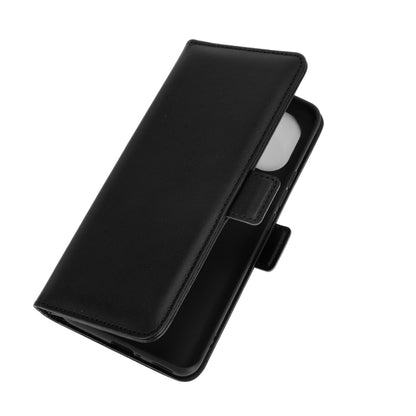 Black leather folio flip phone case with built-in stand and camera cutout
