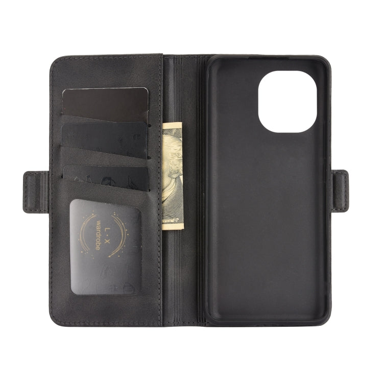 Black leather flip phone case open view with card slots and camera cutout
