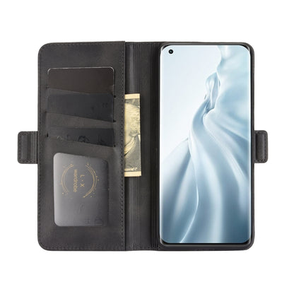 Black leather flip phone case open view showing card slots and camera cutout