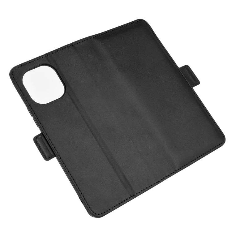 Black leather flip phone case, closed, with camera cutout and magnetic strap