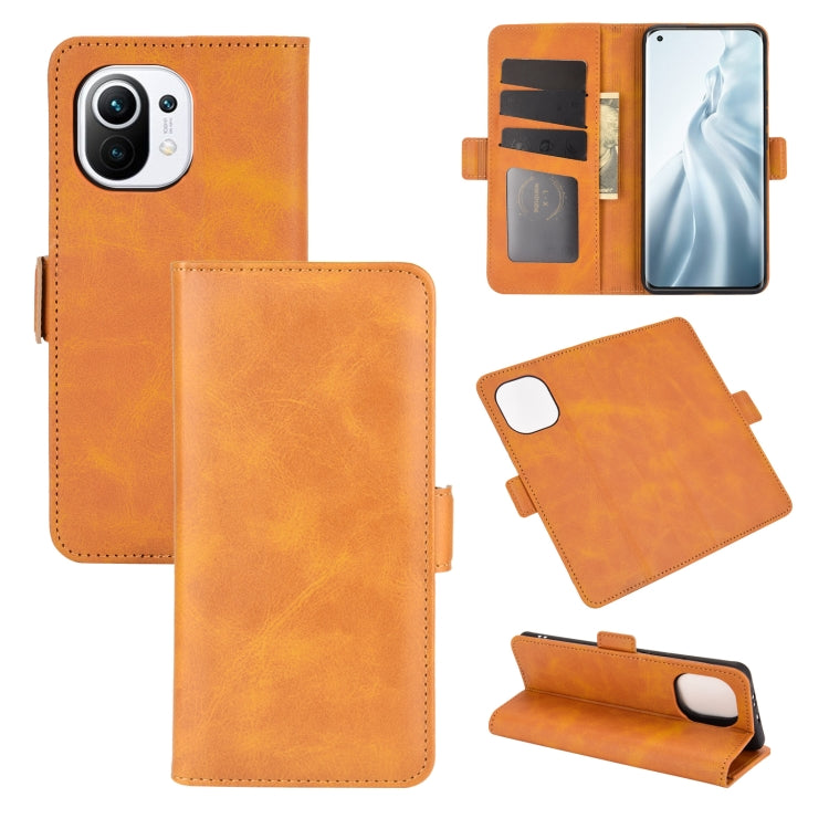 Orange leather flip phone case with magnetic buckle, card slots, and stand