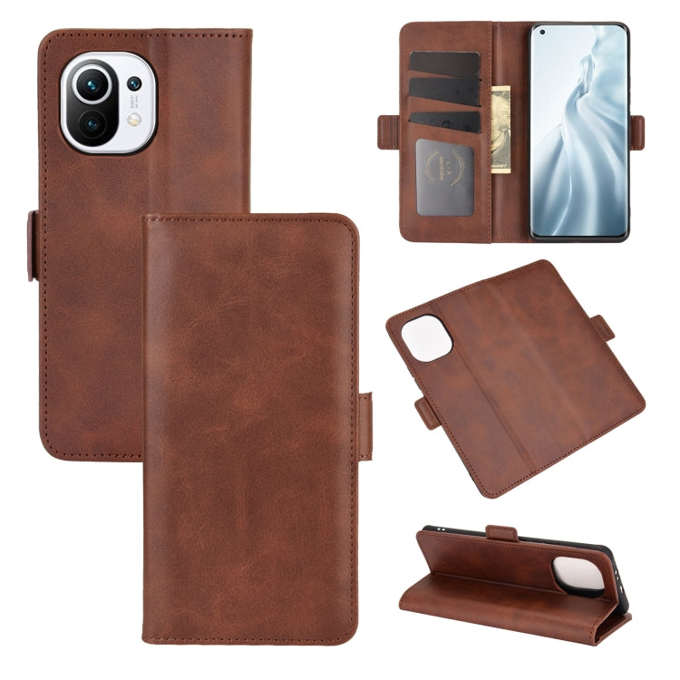 Brown leather flip phone case with magnetic buckle, card slots, and stand