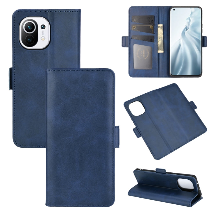 Dark blue leather flip phone case with magnetic buckle, card slots, and stand