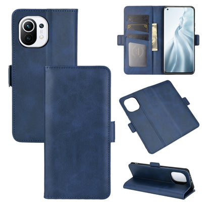 Dark blue leather flip phone case with magnetic buckle, card slots, and stand