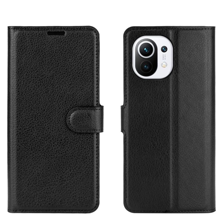Black leather-texture flip wallet case for Xiaomi Mi 11, with cardholder flap and side strap