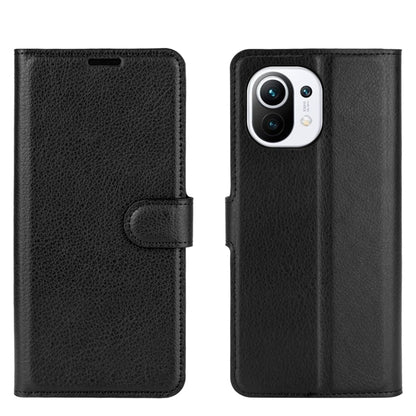 Black leather-texture flip wallet case for Xiaomi Mi 11, with cardholder flap and side strap