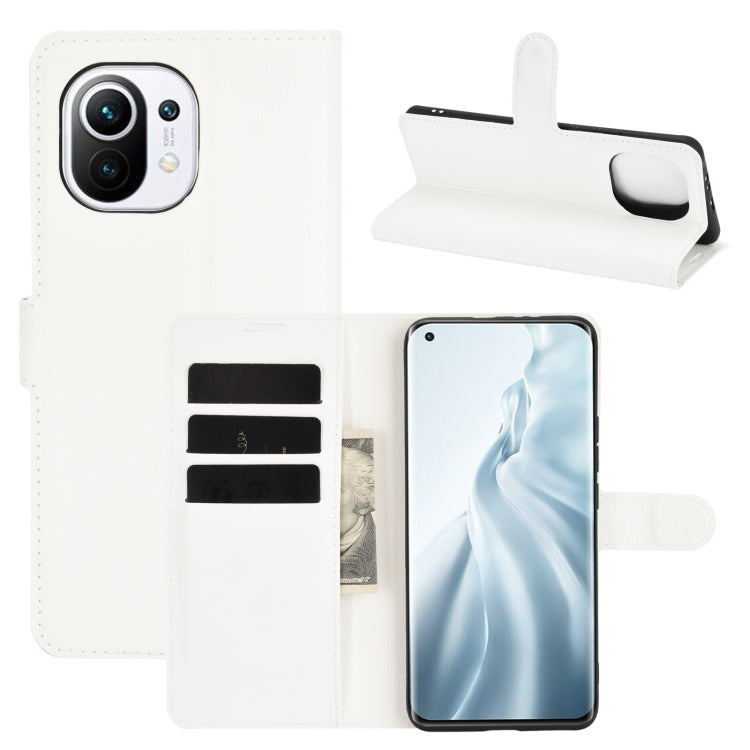White flip phone wallet case with card slots and holder strap for Xiaomi Mi 11