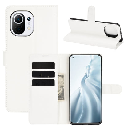 White flip phone wallet case with card slots and holder strap for Xiaomi Mi 11