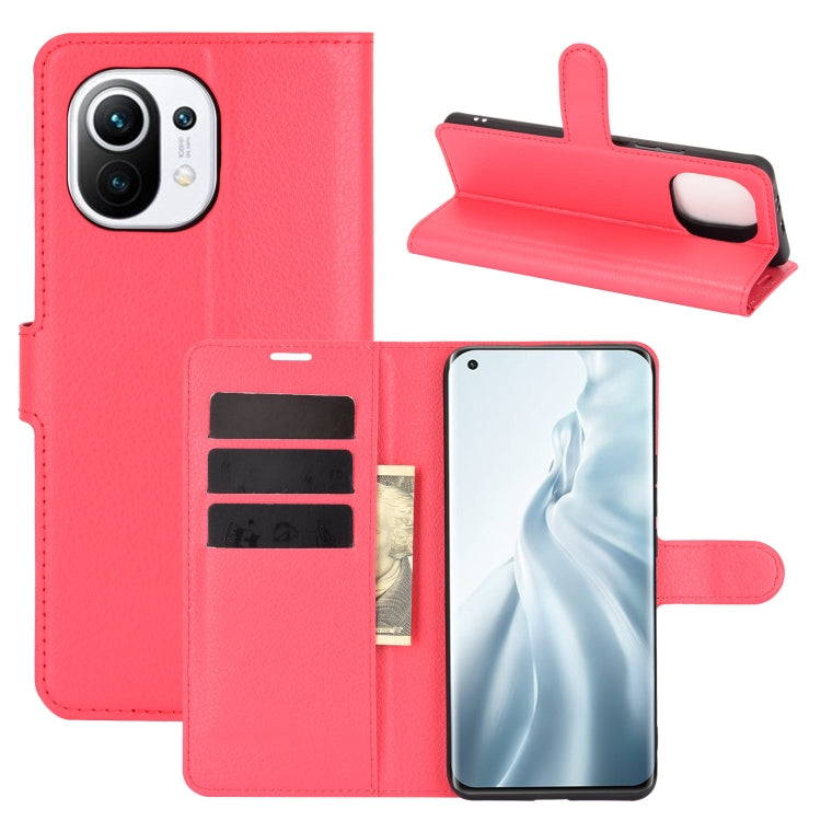Red flip phone wallet case with card slots and holder strap for Xiaomi Mi 11