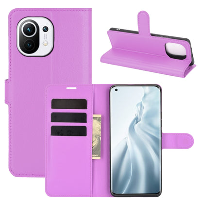 Purple flip phone wallet case with card slots and holder strap for Xiaomi Mi 11
