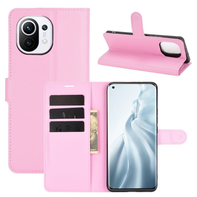 Pink flip wallet phone case for Xiaomi Mi 11 with card slots and stand