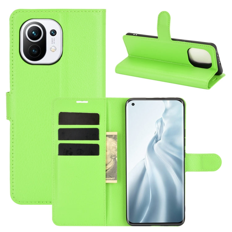 Green flip wallet phone case for Xiaomi Mi 11 with card slots and stand