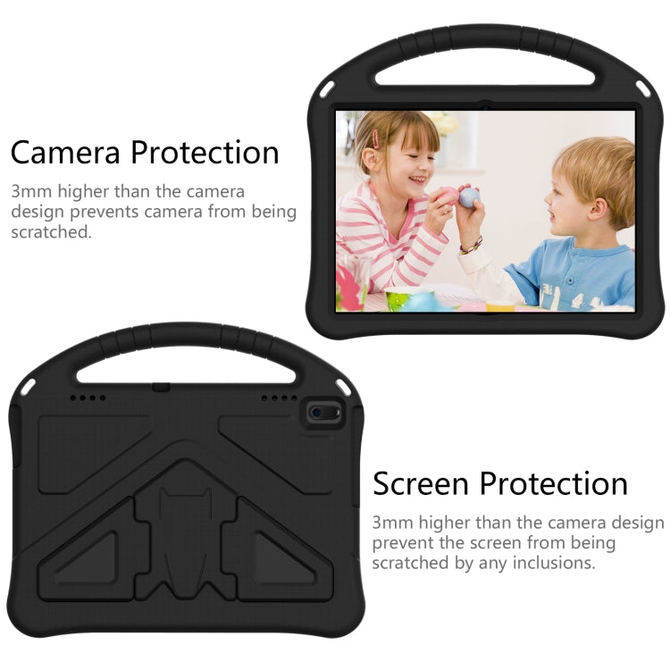 Black tablet case with raised camera and screen protection, front handle