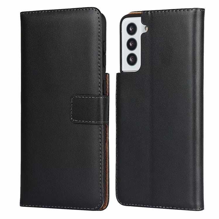 Cowhide leather flip phone case with magnetic clasp; black front with card pocket.