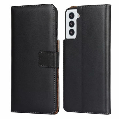 Cowhide leather flip phone case with magnetic clasp; black front with card pocket.