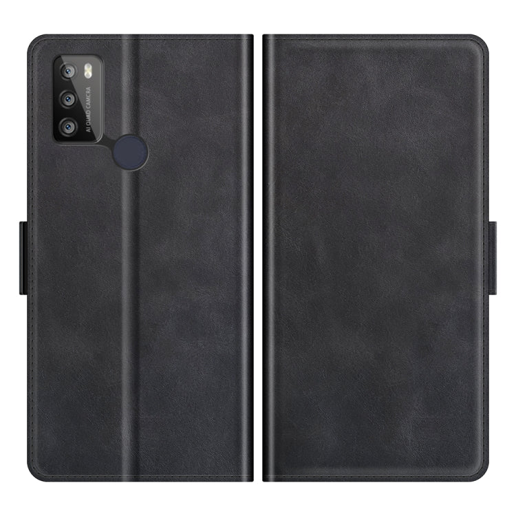 Black flip leather phone case with camera cutout and textured back panel