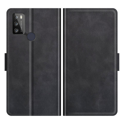 Black flip leather phone case with camera cutout and textured back panel