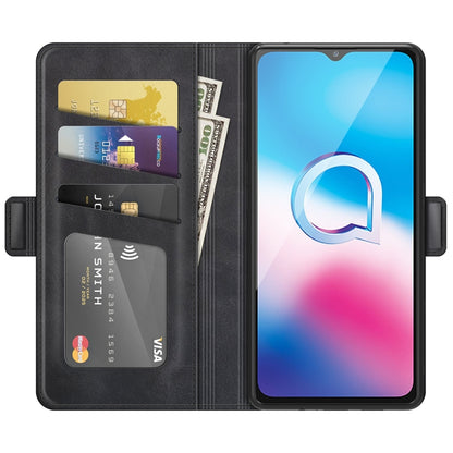 Black folio flip phone case with card slots and ID window, phone front view