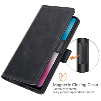 Black flip leather phone case with magnetic closing clasp detail and card holder