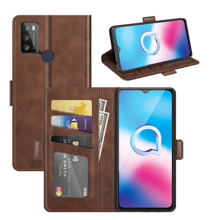 Brown folio flip phone case with card slots and ID window, phone front view