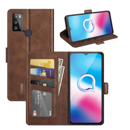 Brown folio flip phone case with card slots and ID window, phone front view