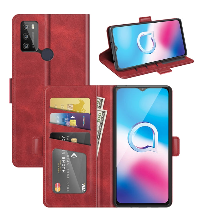 Red leather flip phone case with magnetic buckle, card slots, and cash holder