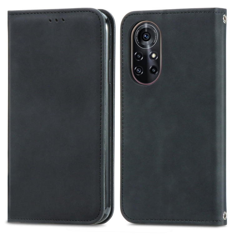 Black leather horizontal flip phone case with magnetic closure and camera opening