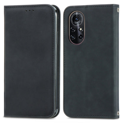 Black leather horizontal flip phone case with magnetic closure and camera opening