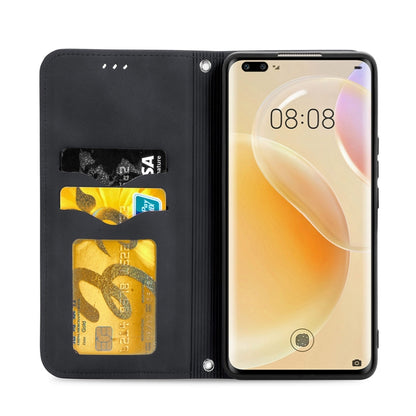Black leather flip phone case showing card slots and phone screen opening