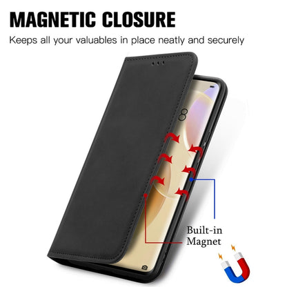 Black leather flip phone case with magnetic closure and adjustable stand