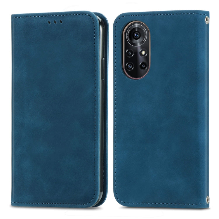 Blue leather horizontal flip phone case with magnetic closure and camera opening