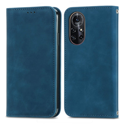 Blue leather horizontal flip phone case with magnetic closure and camera opening