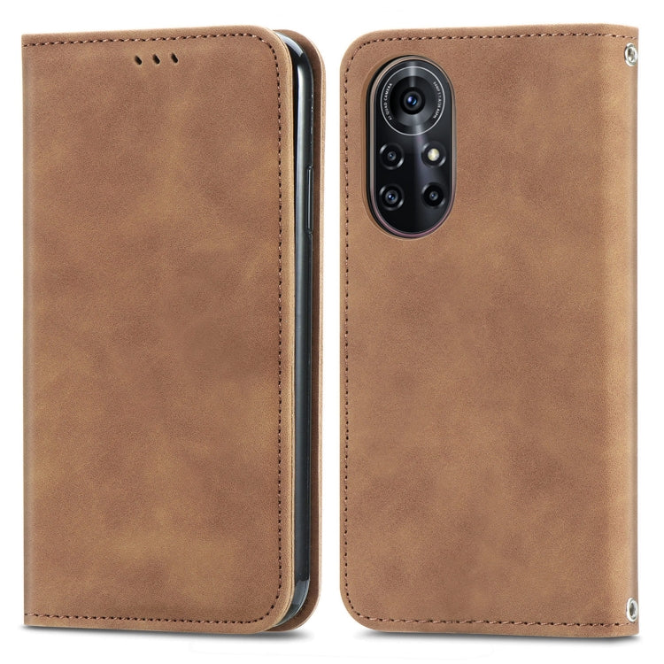 Brown leather horizontal flip phone case with magnetic closure and camera opening