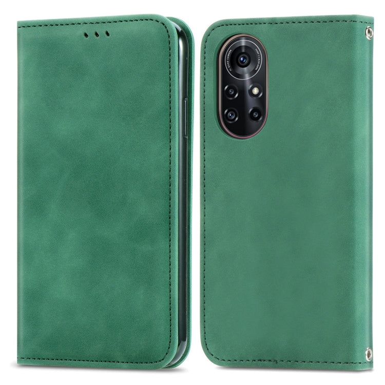 Green magnetic flip leather phone case with camera cutout and stitched edge panel