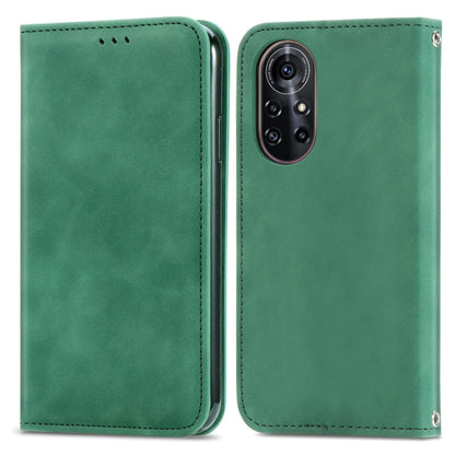 Green magnetic flip leather phone case with camera cutout and stitched edge panel