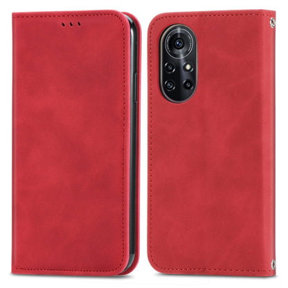 Red magnetic flip leather phone case with camera cutout and stitched edge panel
