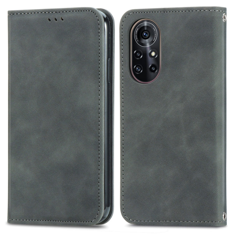 Gray magnetic flip leather phone case with camera cutout and stitched edge panel