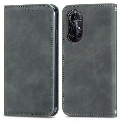Gray magnetic flip leather phone case with camera cutout and stitched edge panel