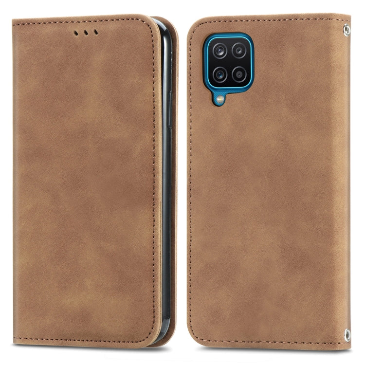 Brown magnetic flip leather phone case with camera cutout and stitched edge panel