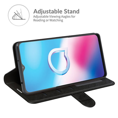 Black folio flip phone case with adjustable viewing stand for reading and watching on Alcatel 1S